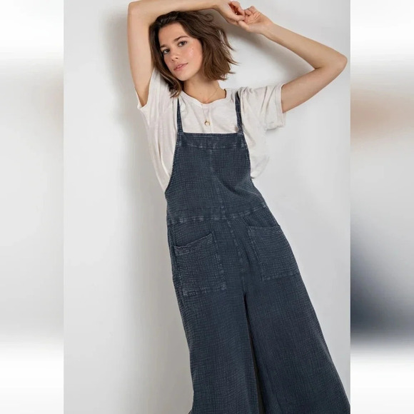 New! Easel Faded Denim Blue Washed Cotton Jumpsuit Overalls - Picture 2 of 5